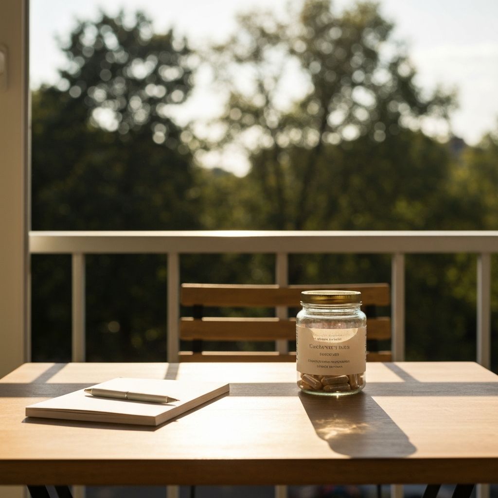 Balkon-Tisch mit Notizbuch, Zusatzstoffen und Sonnenlicht