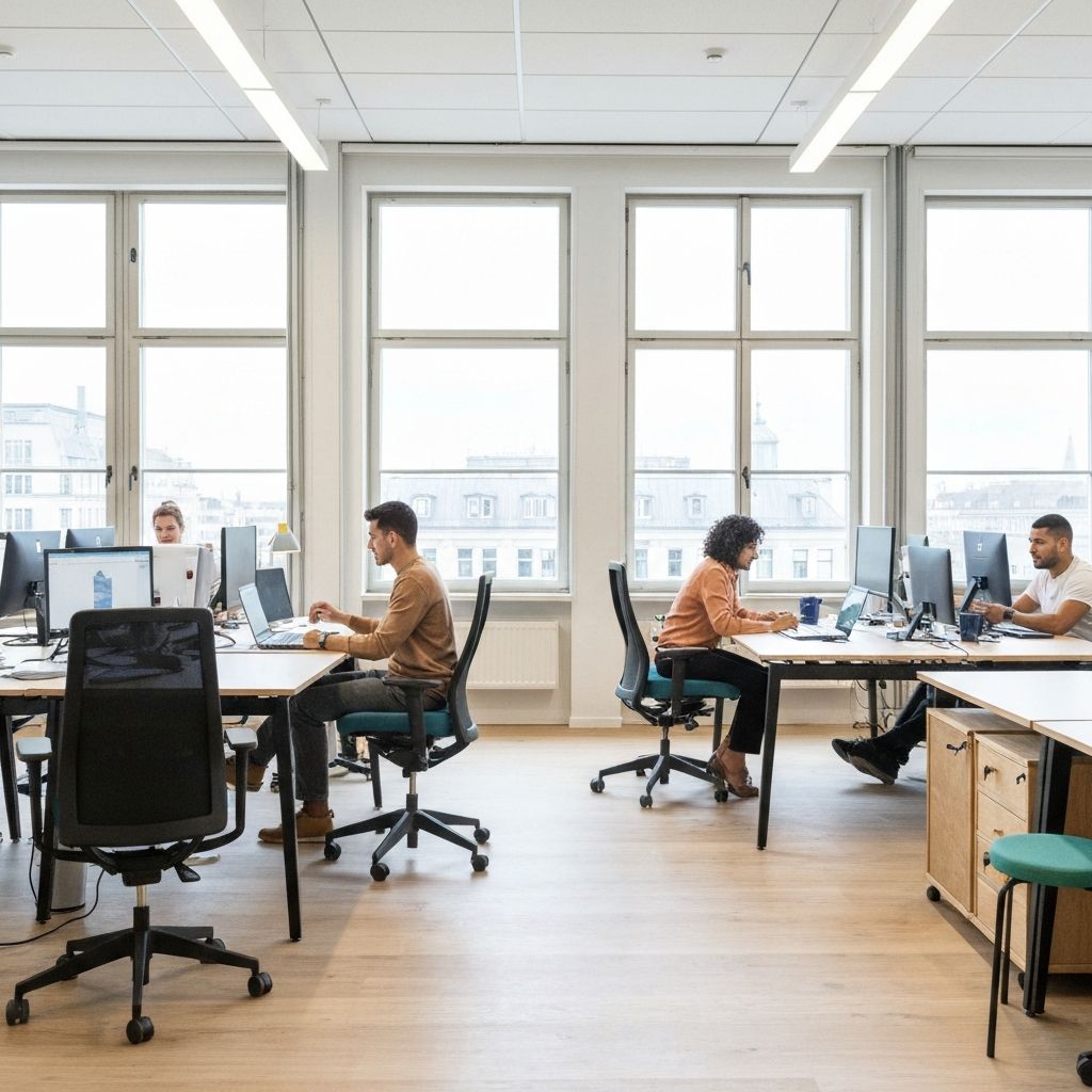 Modernes deutsches Büro mit hellem Tageslicht und Teamarbeitsplatz